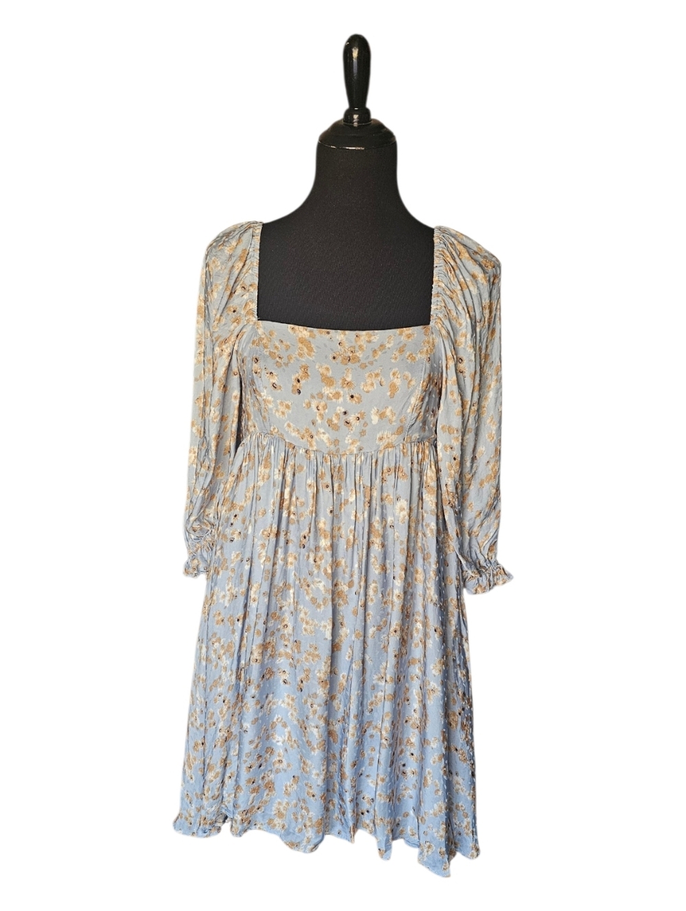 Molly Green Blue Floral Babydoll Mini Dress Puff Sleeve Square Neck M
